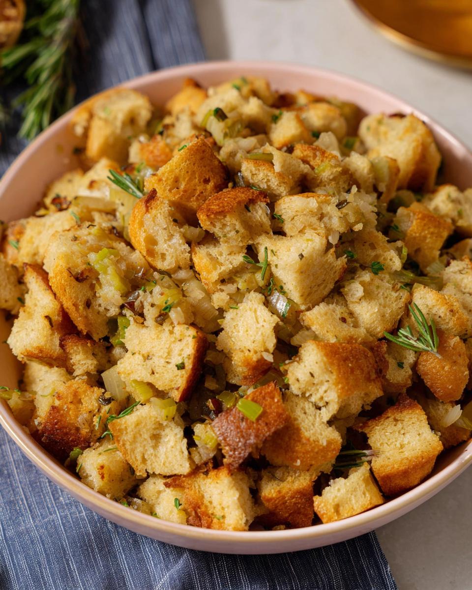 A close-up of a bowl filled with delicious homemade bread stuffing, featuring toasted bread cubes, leeks, and rosemary.