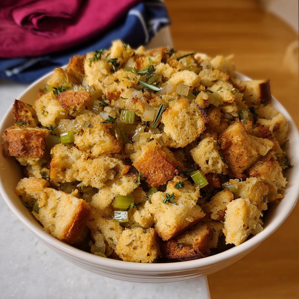 A close-up of a bowl filled with delicious bread stuffing, featuring cubes of toasted bread, celery, and herbs.