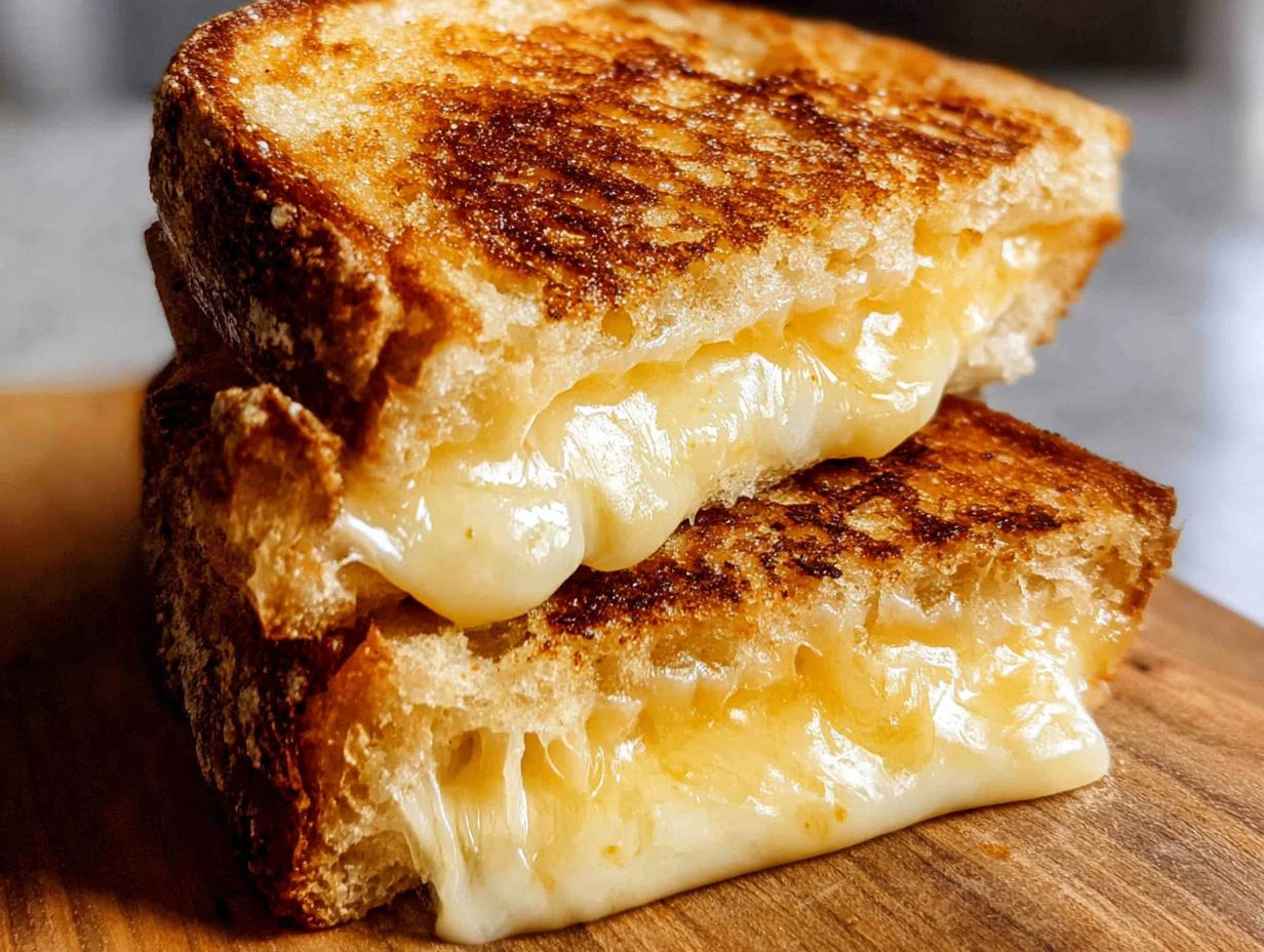Close-up of a perfectly grilled cheese sandwich, with golden-brown bread and a generous, gooey melted cheese filling.