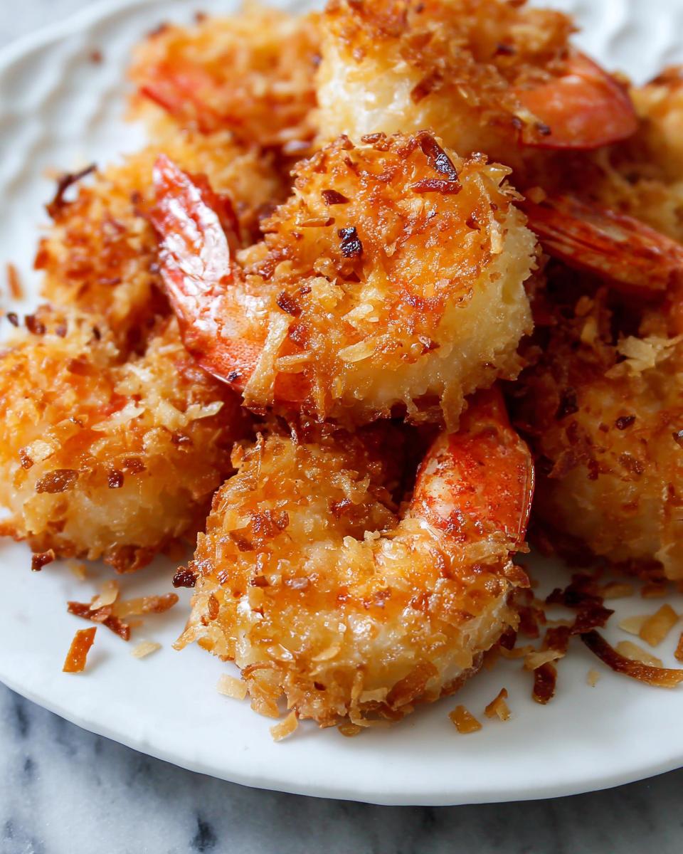 Close-up of golden-brown crispy coconut shrimp, a delicious shrimp recipe.