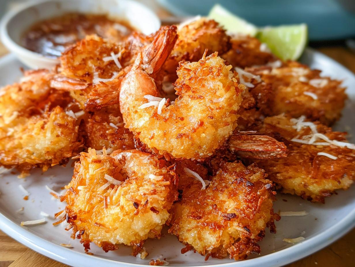 Close-up of crispy coconut shrimp, a delicious shrimp recipe idea, served with lime wedges and dipping sauce.