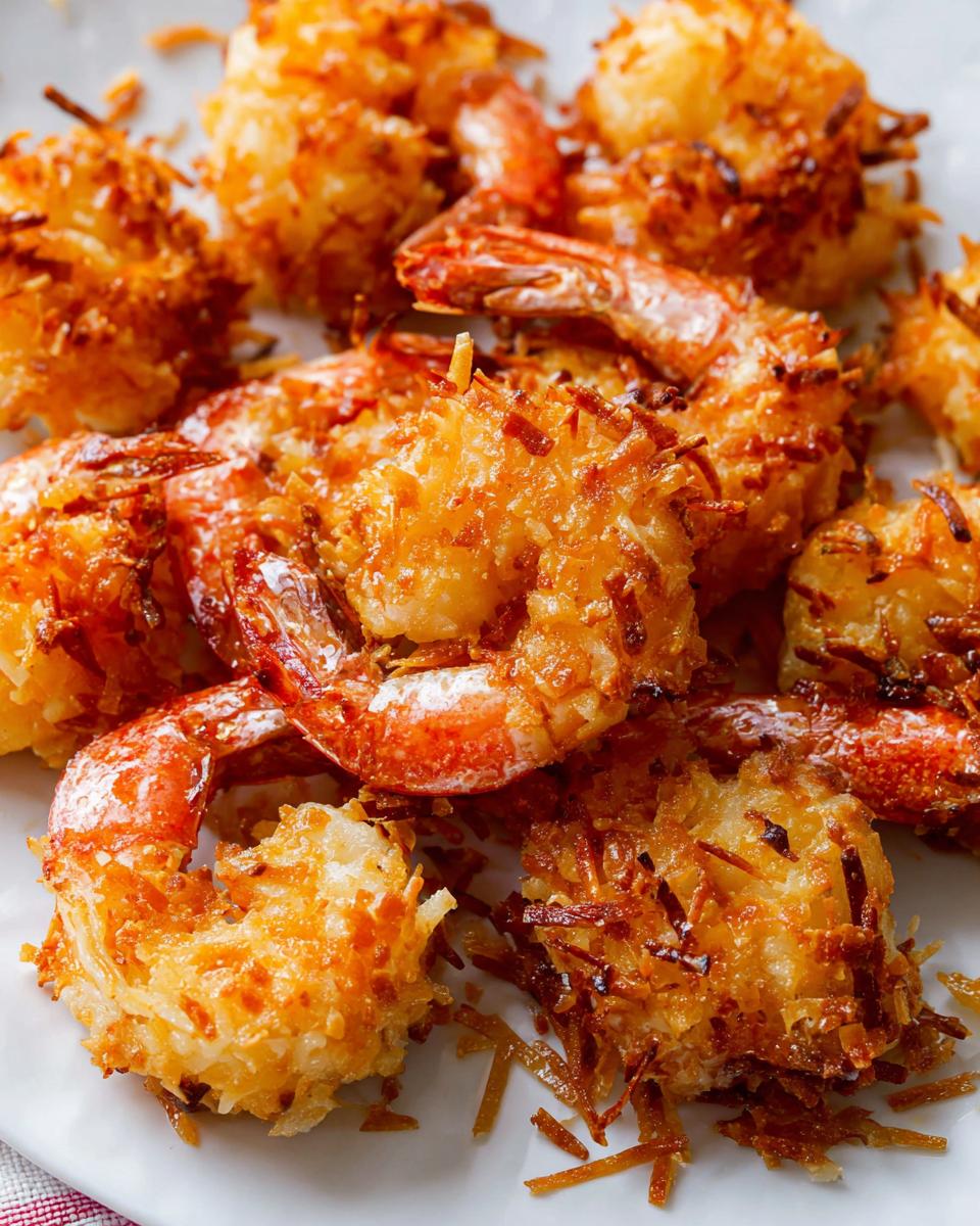 Close-up of golden-brown, crispy coconut shrimp, a delicious addition to your shrimp recipes.