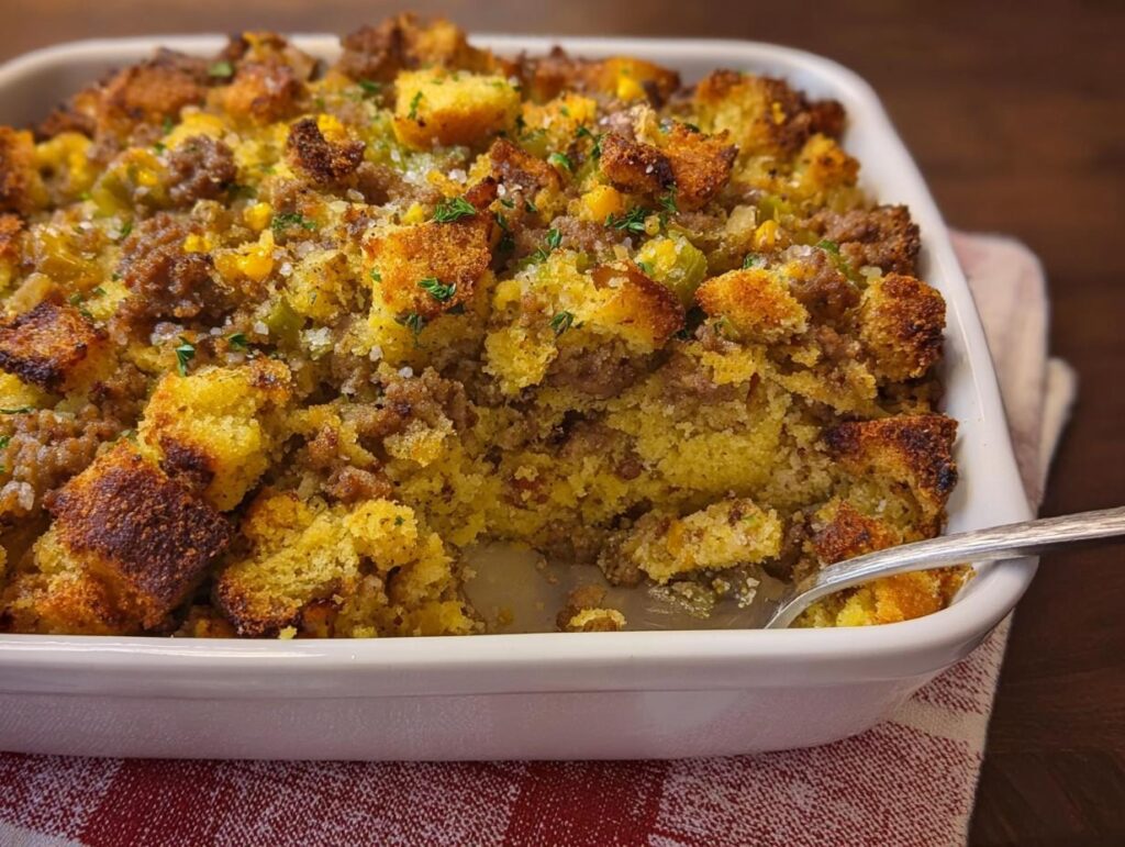 A close-up of a white baking dish filled with cornbread stuffing, featuring sausage, celery, and corn. A spoon is in the dish.