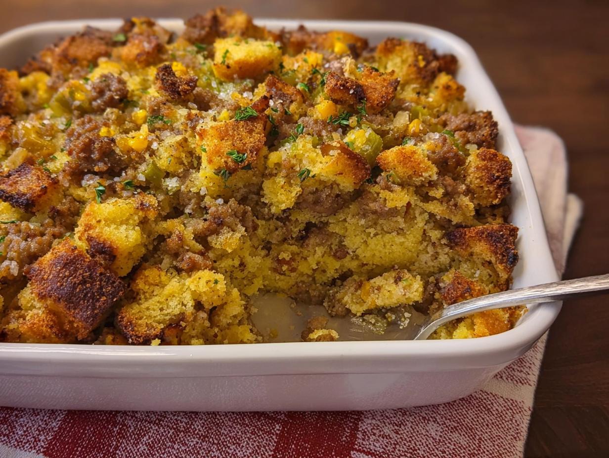 A close-up of a white baking dish filled with cornbread stuffing, featuring sausage, celery, and corn. A spoon is in the dish.