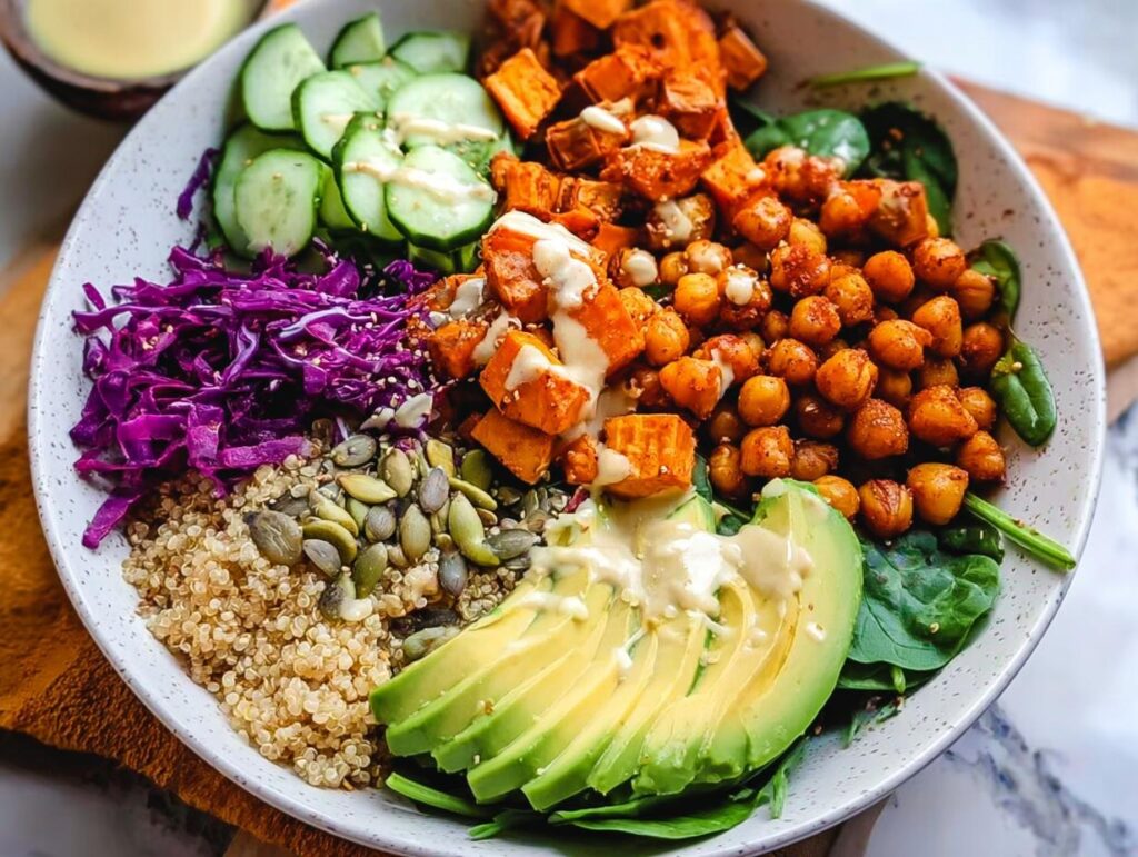 A colorful and healthy rice bowl recipe featuring quinoa, roasted sweet potatoes, chickpeas, avocado, cucumber, and red cabbage, drizzled with dressing.