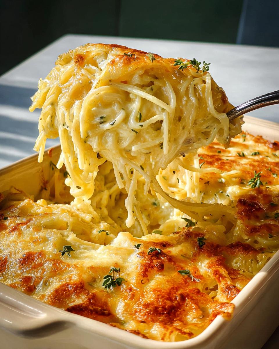 A serving spoon lifts a generous portion of creamy, cheesy baked spaghetti from a casserole dish, topped with herbs.