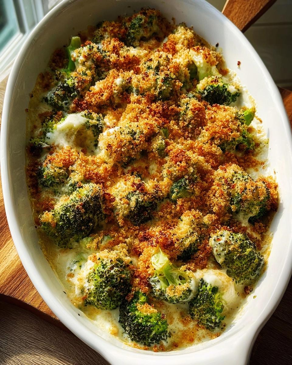 A close-up of a creamy broccoli casserole topped with golden breadcrumbs, a perfect veggie side dish.