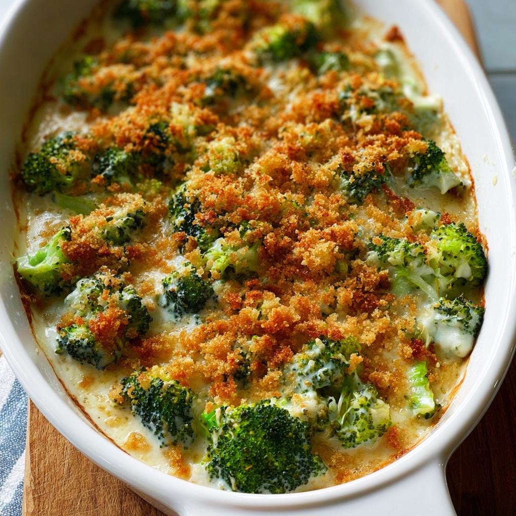 Close-up of a creamy broccoli casserole with a golden breadcrumb topping, a perfect veggie side dish.