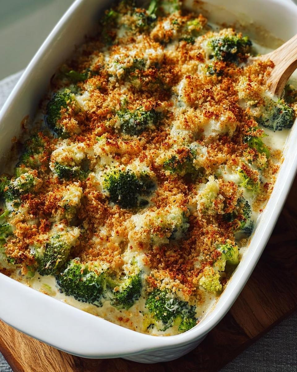 Close-up of a creamy broccoli casserole with a golden breadcrumb topping, perfect for veggie sides recipes.