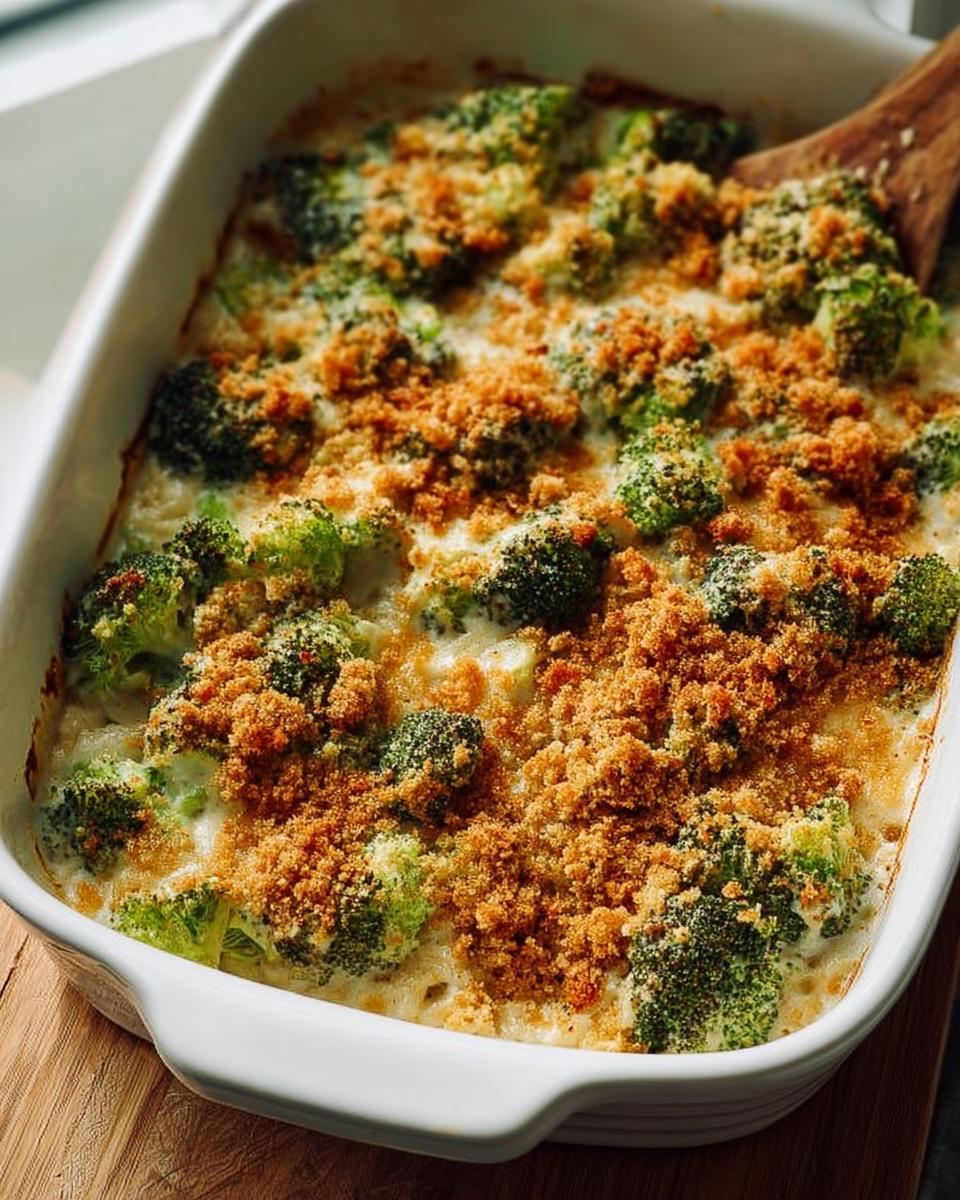 Close-up of a creamy broccoli casserole with a golden breadcrumb topping, perfect for veggie sides recipes.