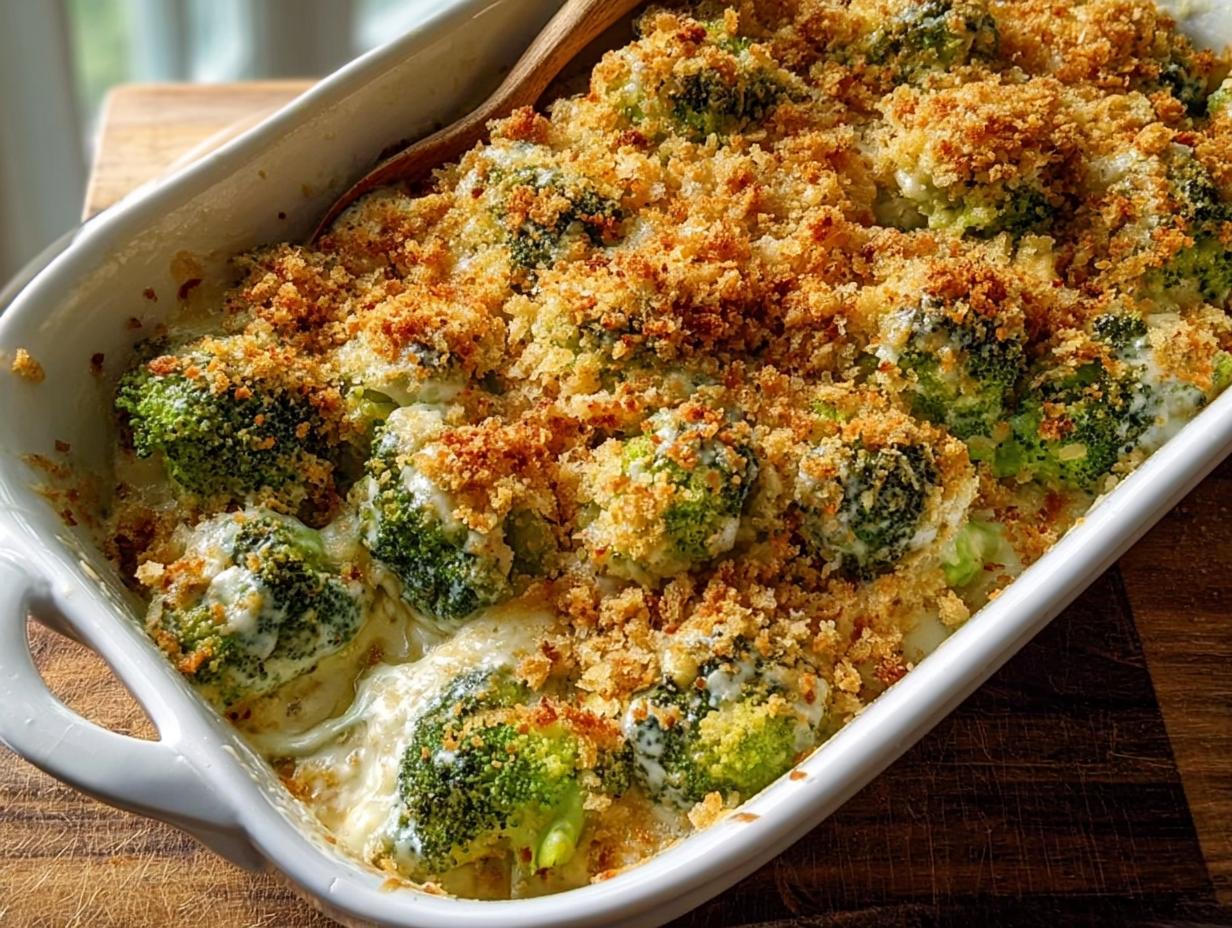A close-up of a creamy broccoli casserole with a golden breadcrumb topping, perfect for veggie sides recipes.