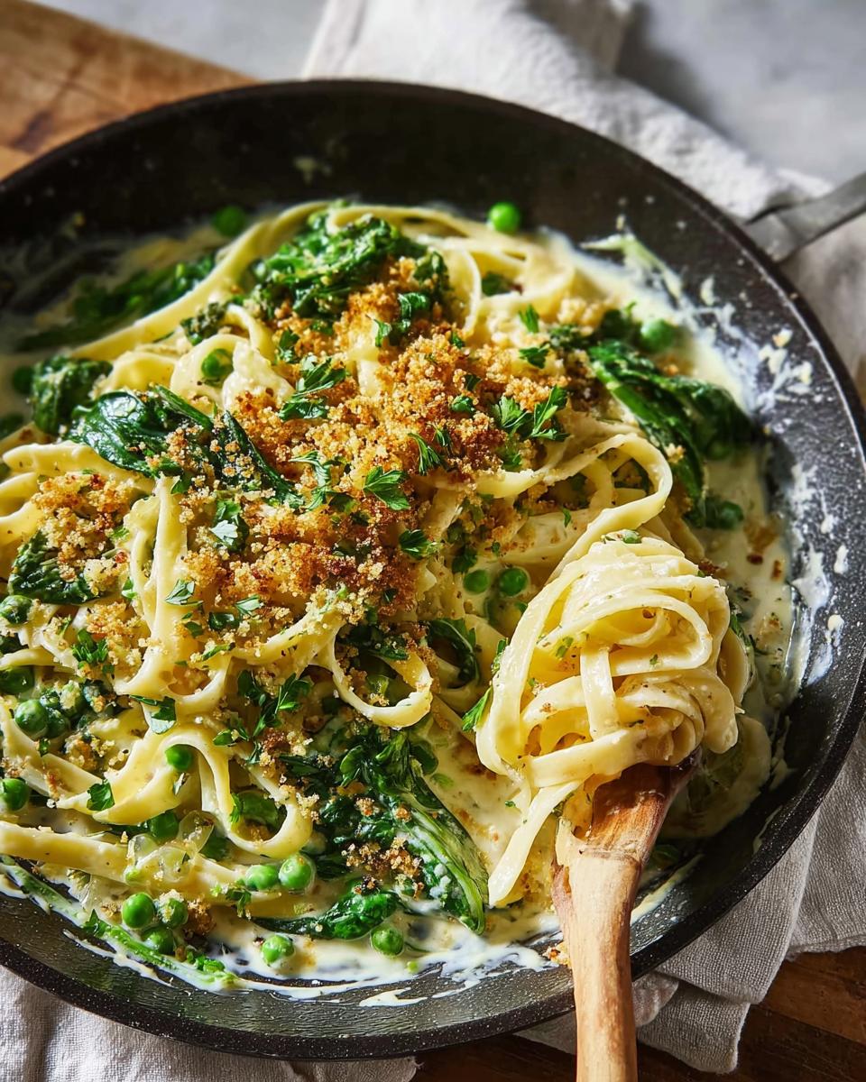 Close-up of creamy fettuccine pasta with peas, spinach, and breadcrumbs, part of Healthy Meals Recipes in 20 Minutes.