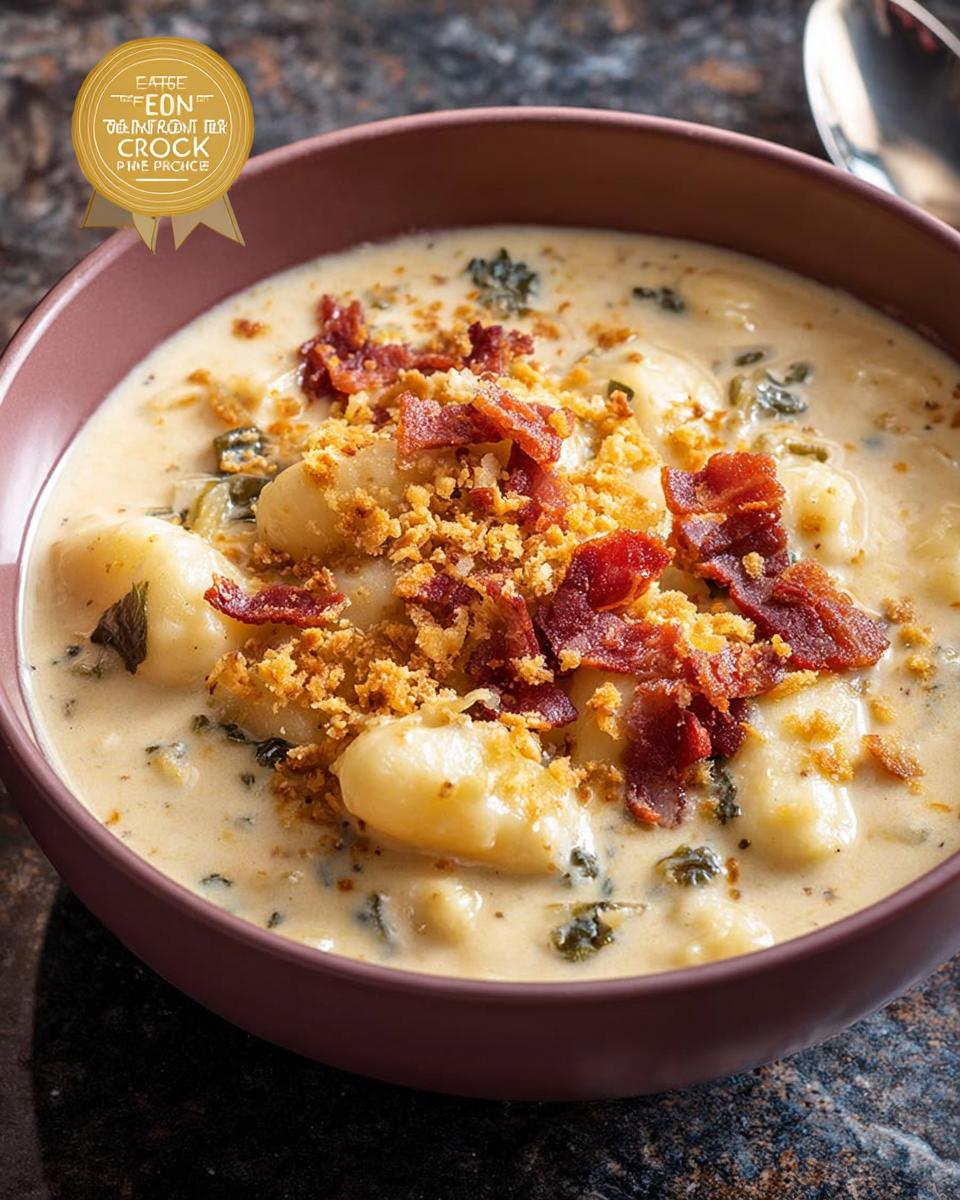 Close-up of a bowl of creamy gnocchi soup topped with crispy bacon and breadcrumbs. A delicious soup recipe.