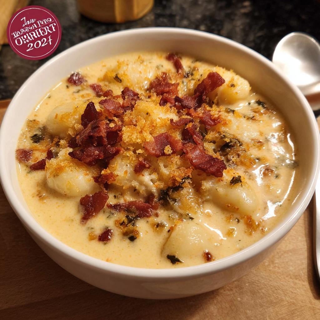 A bowl of creamy gnocchi soup topped with crispy bacon and breadcrumbs, part of The Only Soup Recipes Recipe You’ll Need (2025).