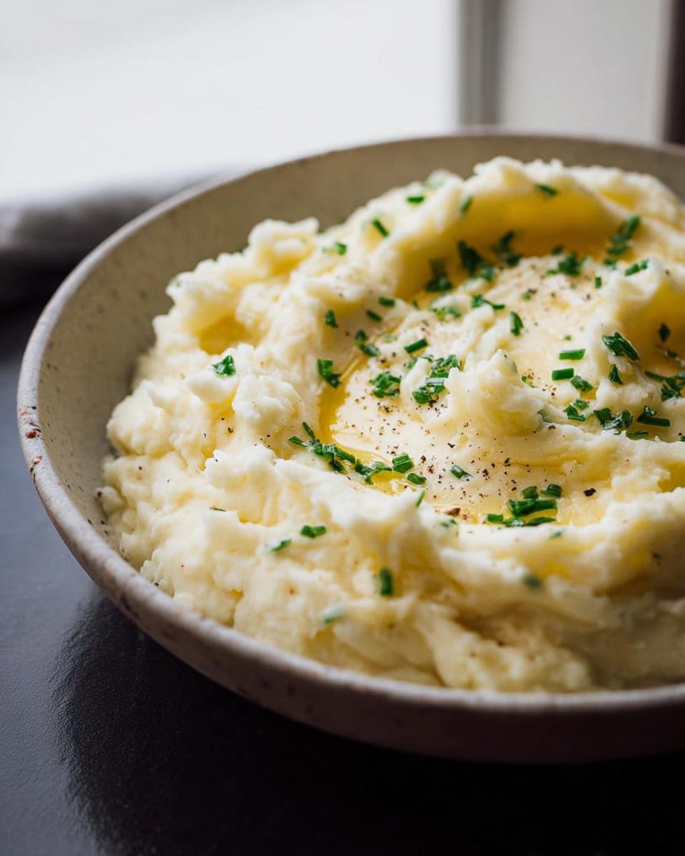 A close-up of creamy mashed potatoes topped with melted butter, black pepper, and fresh chives.
