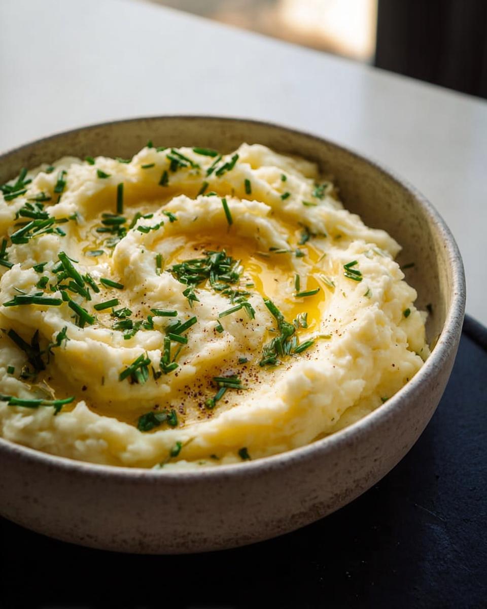 A bowl of fluffy mashed potatoes topped with melted butter, fresh chives, and black pepper.