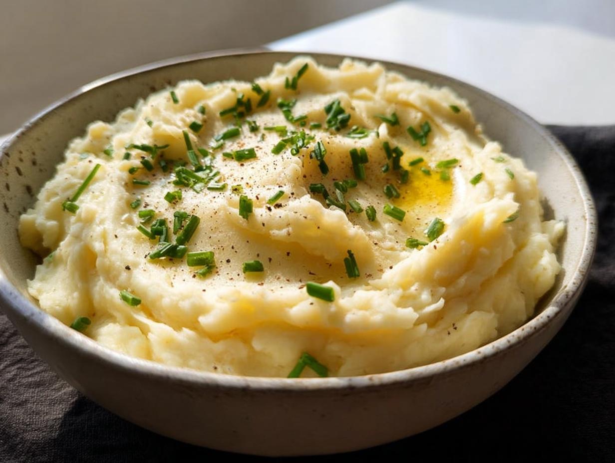 A close-up of a bowl of creamy mashed potatoes topped with melted butter, fresh chives, and black pepper.