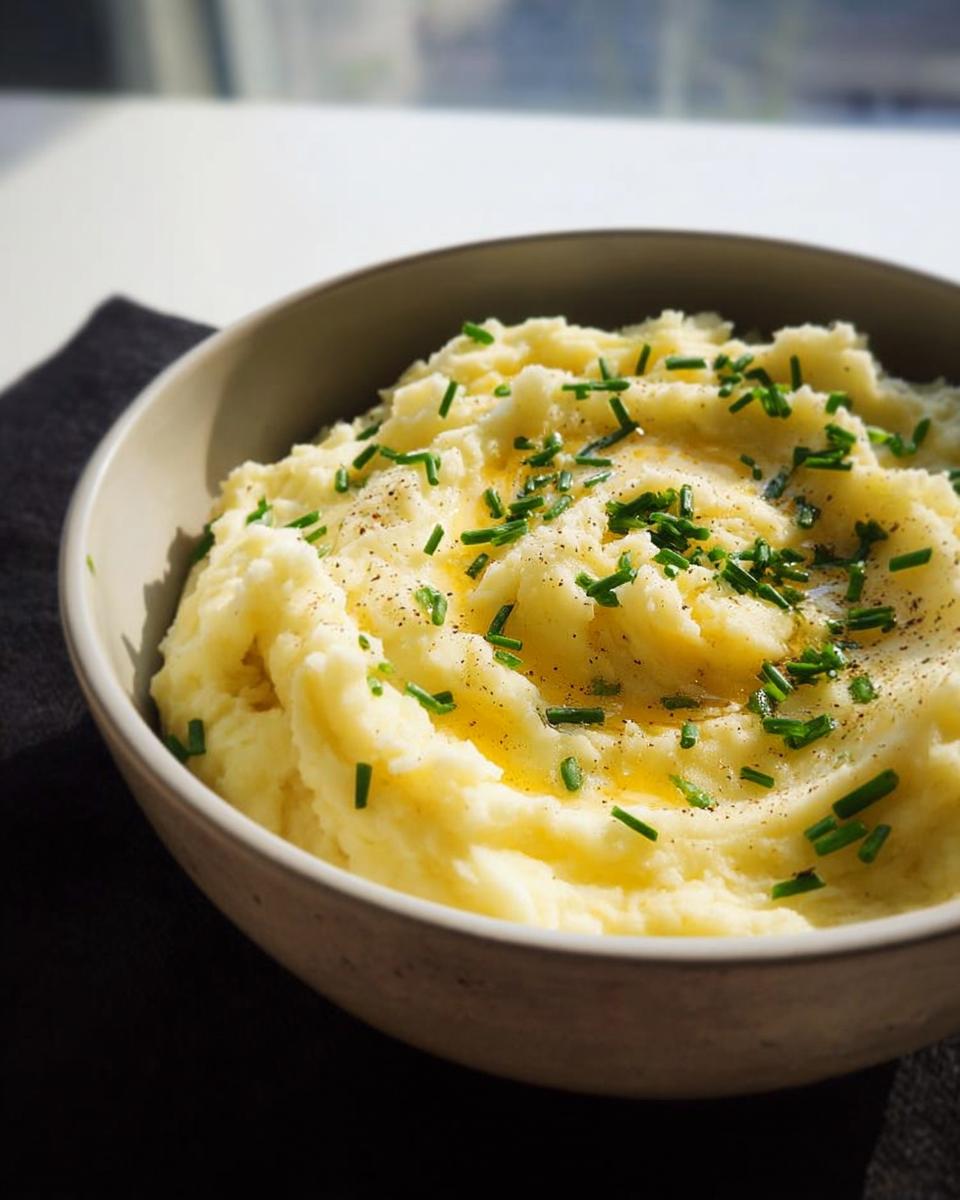 A bowl of creamy mashed potatoes topped with melted butter, black pepper, and fresh chives.