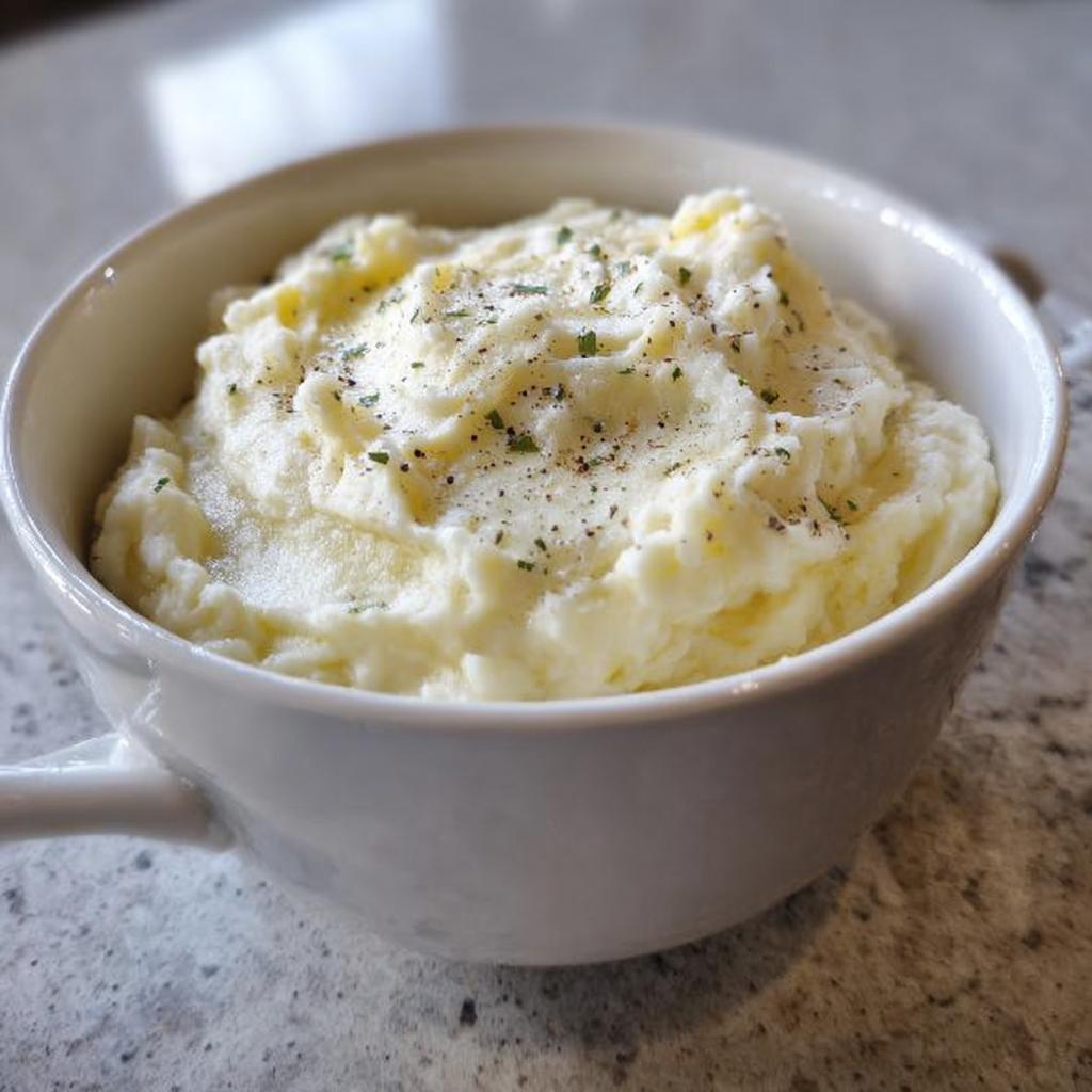 A close-up of creamy mashed potatoes in a white bowl, seasoned with herbs and pepper, perfect for meal prep.