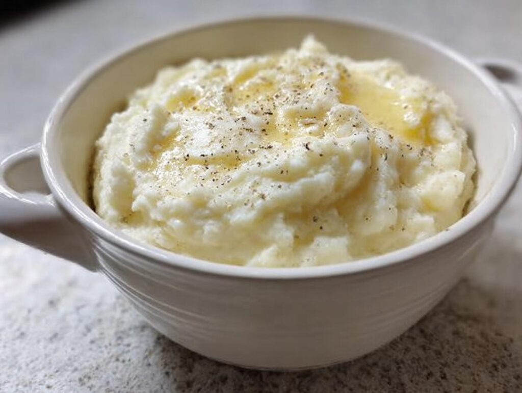 A close-up of a white bowl filled with creamy mashed potatoes, topped with melted butter and black pepper.