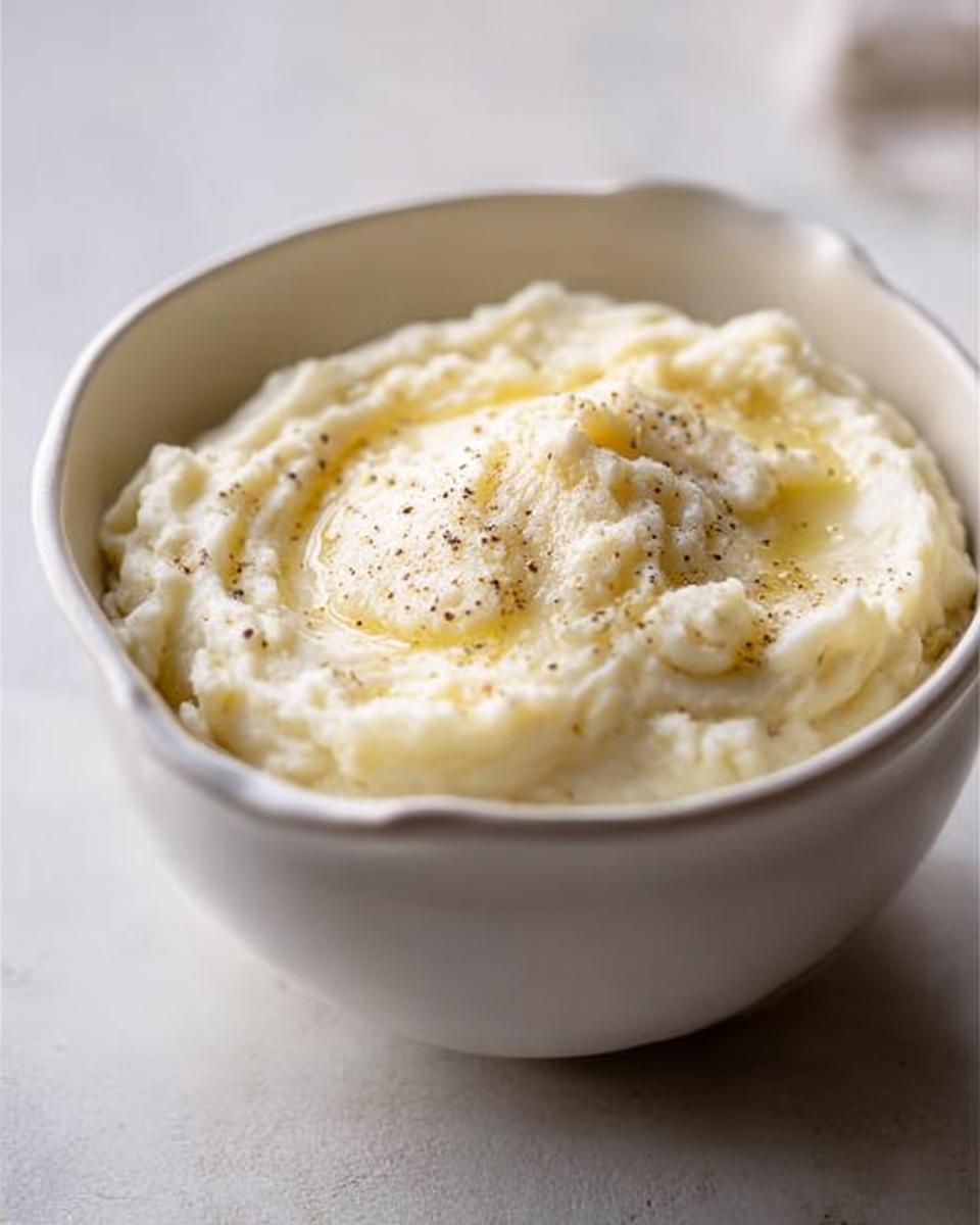 A bowl of creamy mashed potatoes topped with melted butter and black pepper, perfect for mashed potatoes recipes meal prep.