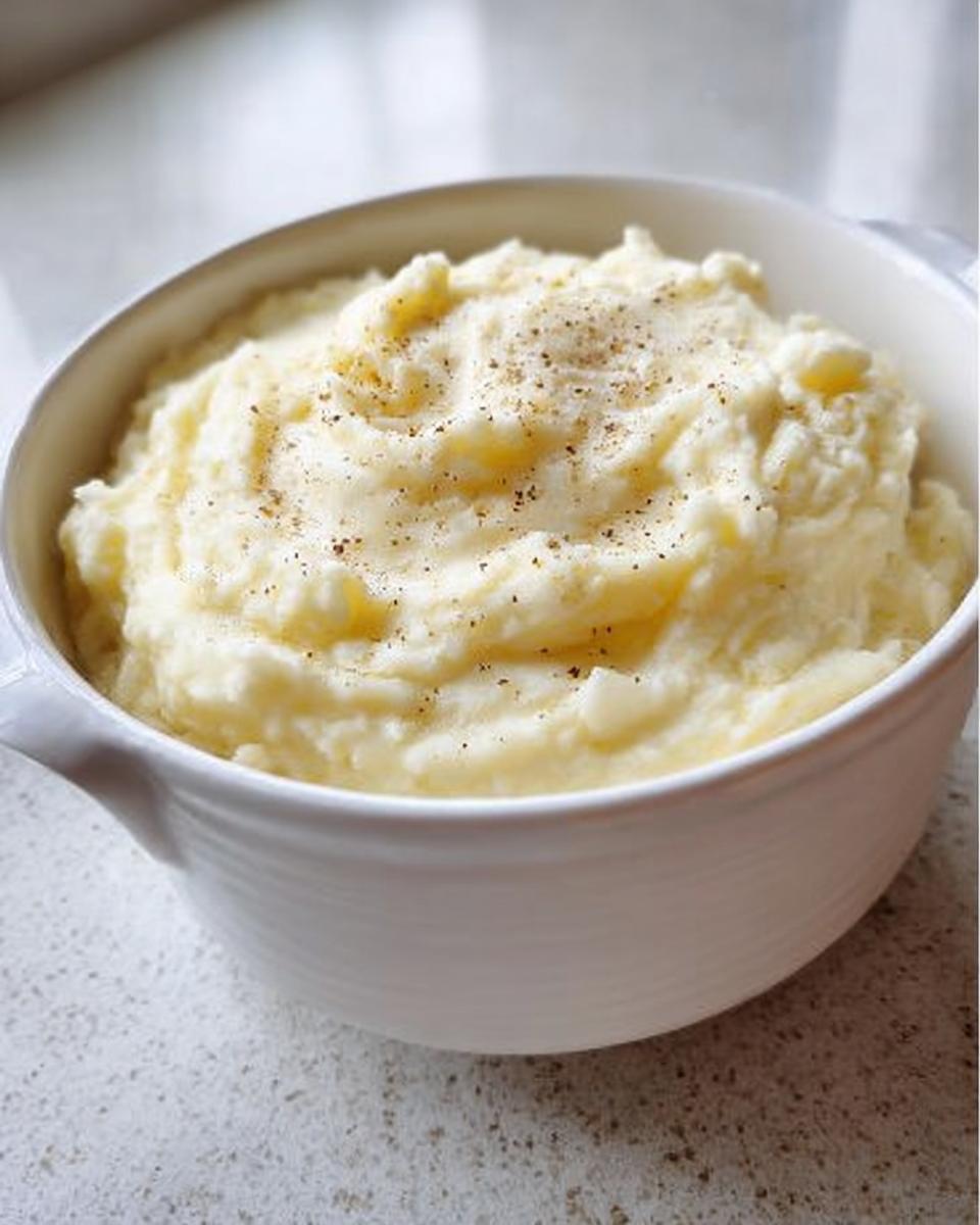 A white bowl filled with creamy mashed potatoes, seasoned with black pepper, perfect for mashed potatoes recipes meal prep.