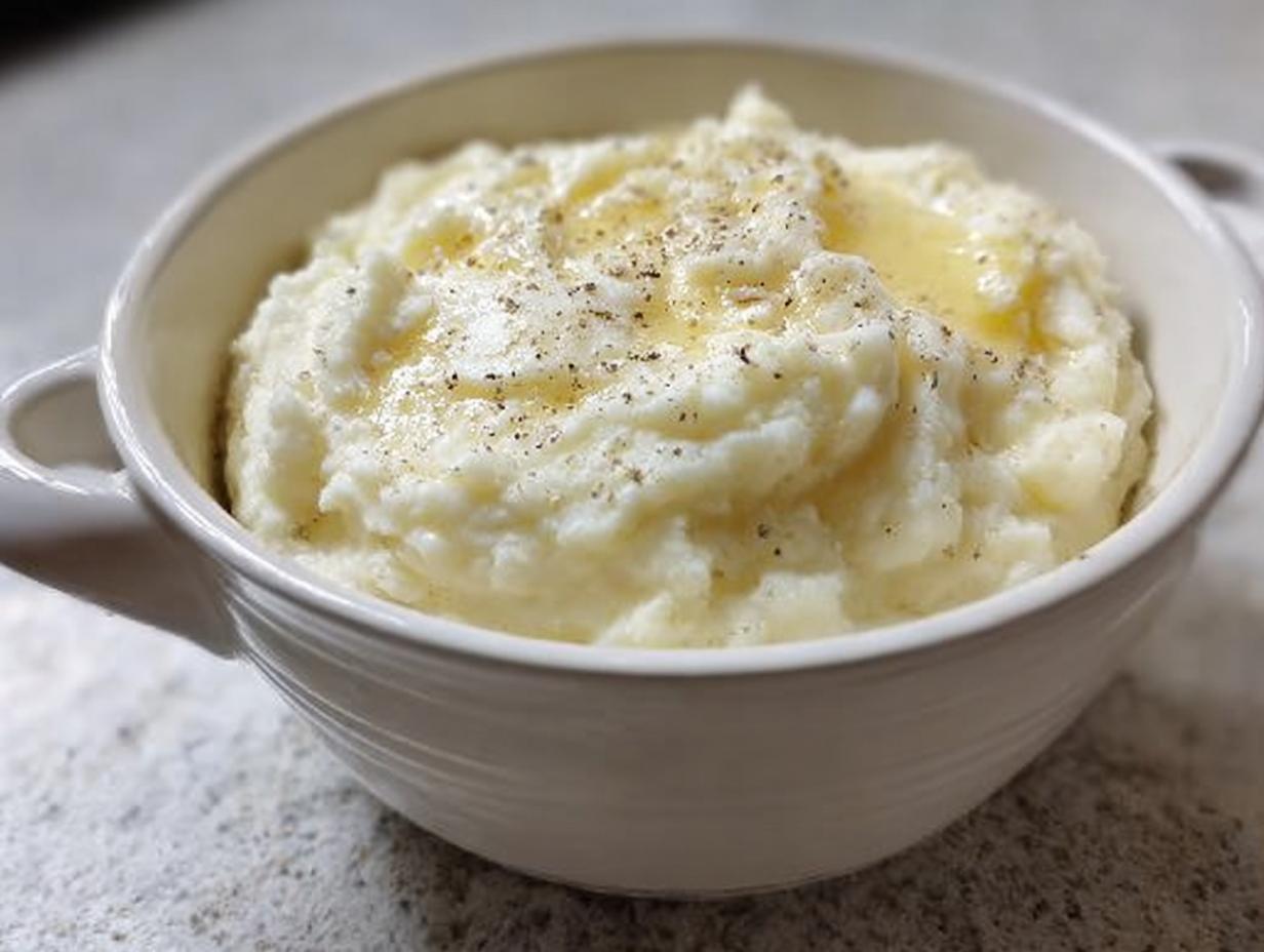 A close-up of a white bowl filled with creamy mashed potatoes, topped with melted butter and black pepper.