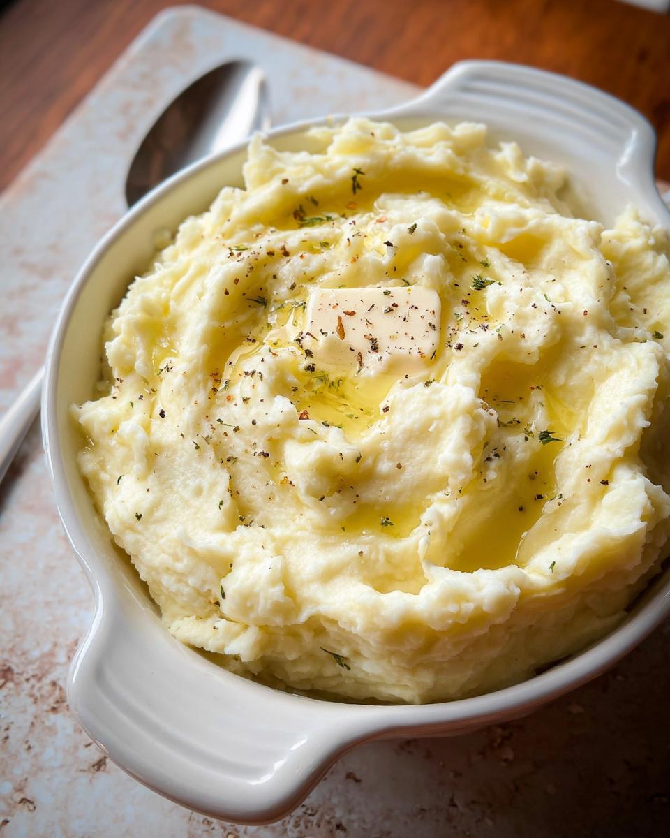 Close-up of a bowl of creamy mashed potatoes recipe, topped with a pat of melting butter and herbs.