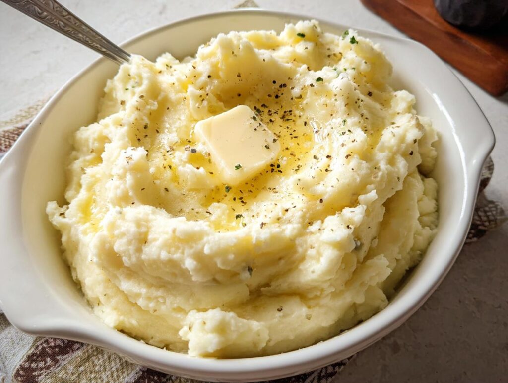 A bowl of fluffy mashed potatoes recipe, topped with melted butter, herbs, and black pepper.