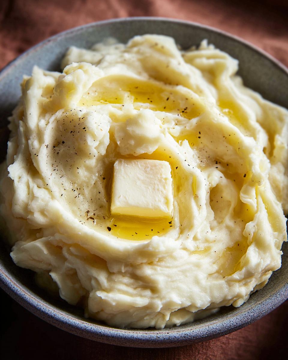 Close-up of creamy mashed potatoes recipe topped with a pat of melting butter and cracked black pepper.