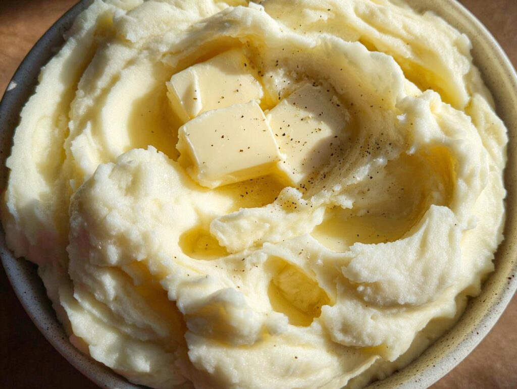 Close-up of creamy mashed potatoes recipe topped with melting butter and black pepper.