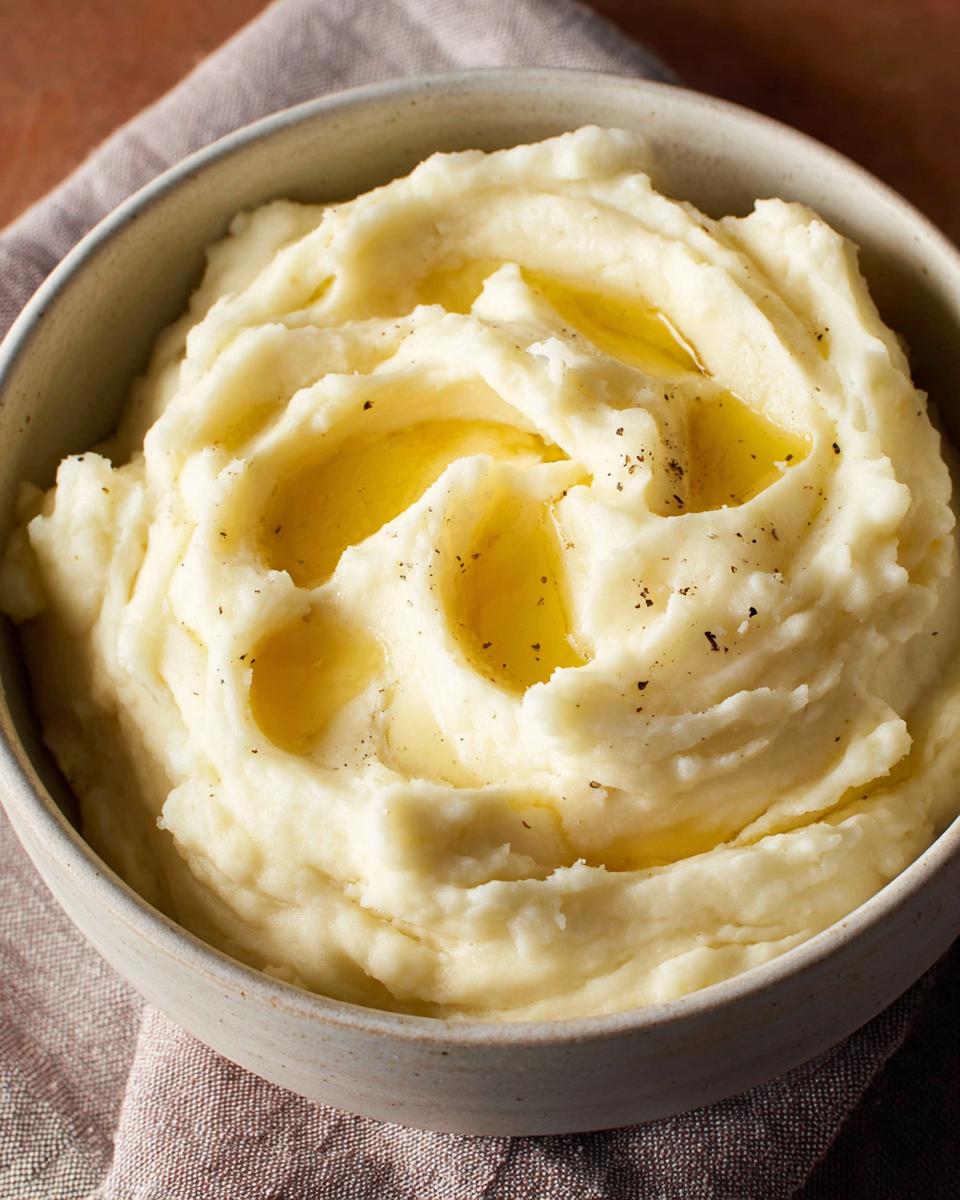 Close-up of a bowl of fluffy mashed potatoes recipe, topped with melted butter and cracked black pepper.