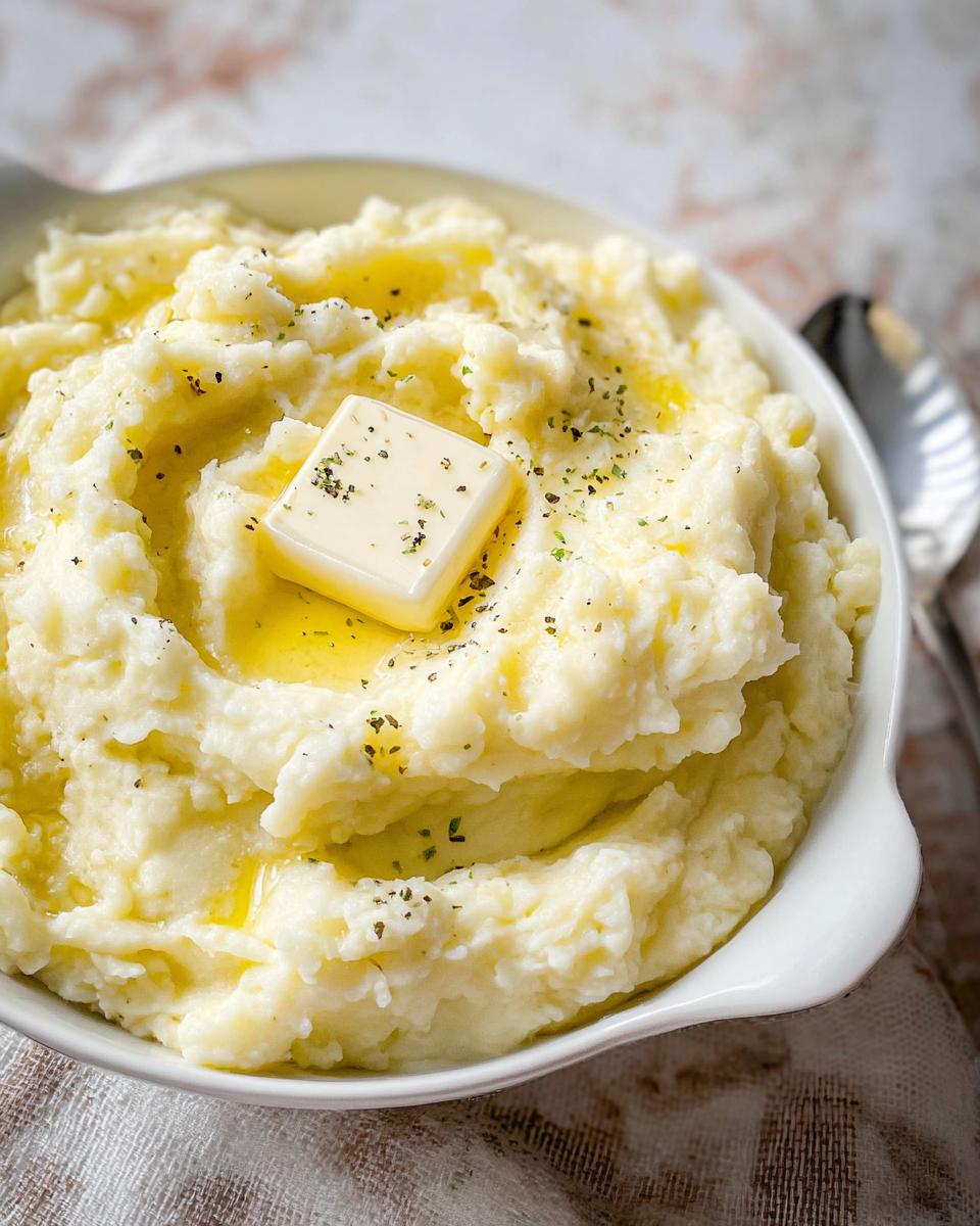 Close-up of creamy mashed potatoes recipe, topped with a square of butter and melted butter, seasoned with pepper and herbs.