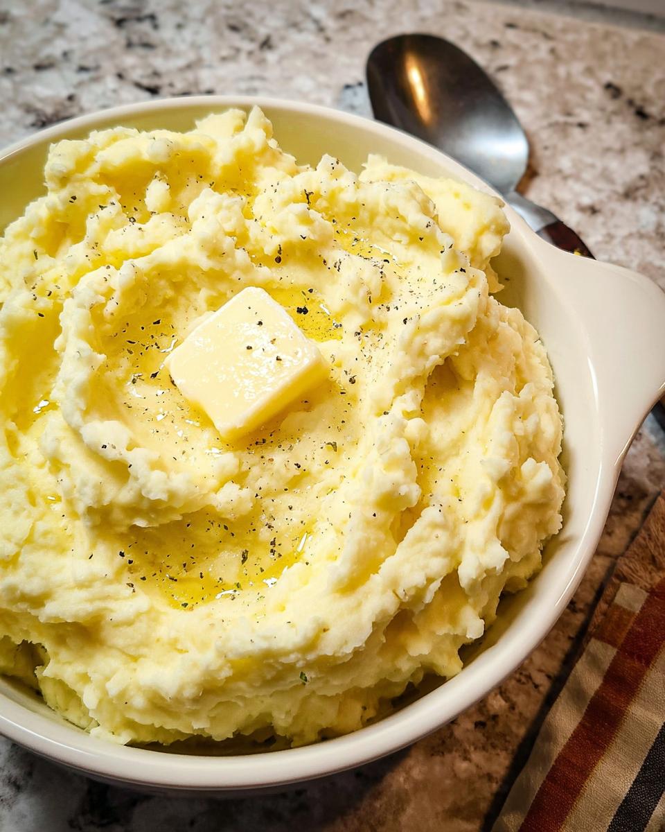 Close-up of creamy mashed potatoes recipe, topped with a pat of butter and cracked black pepper.
