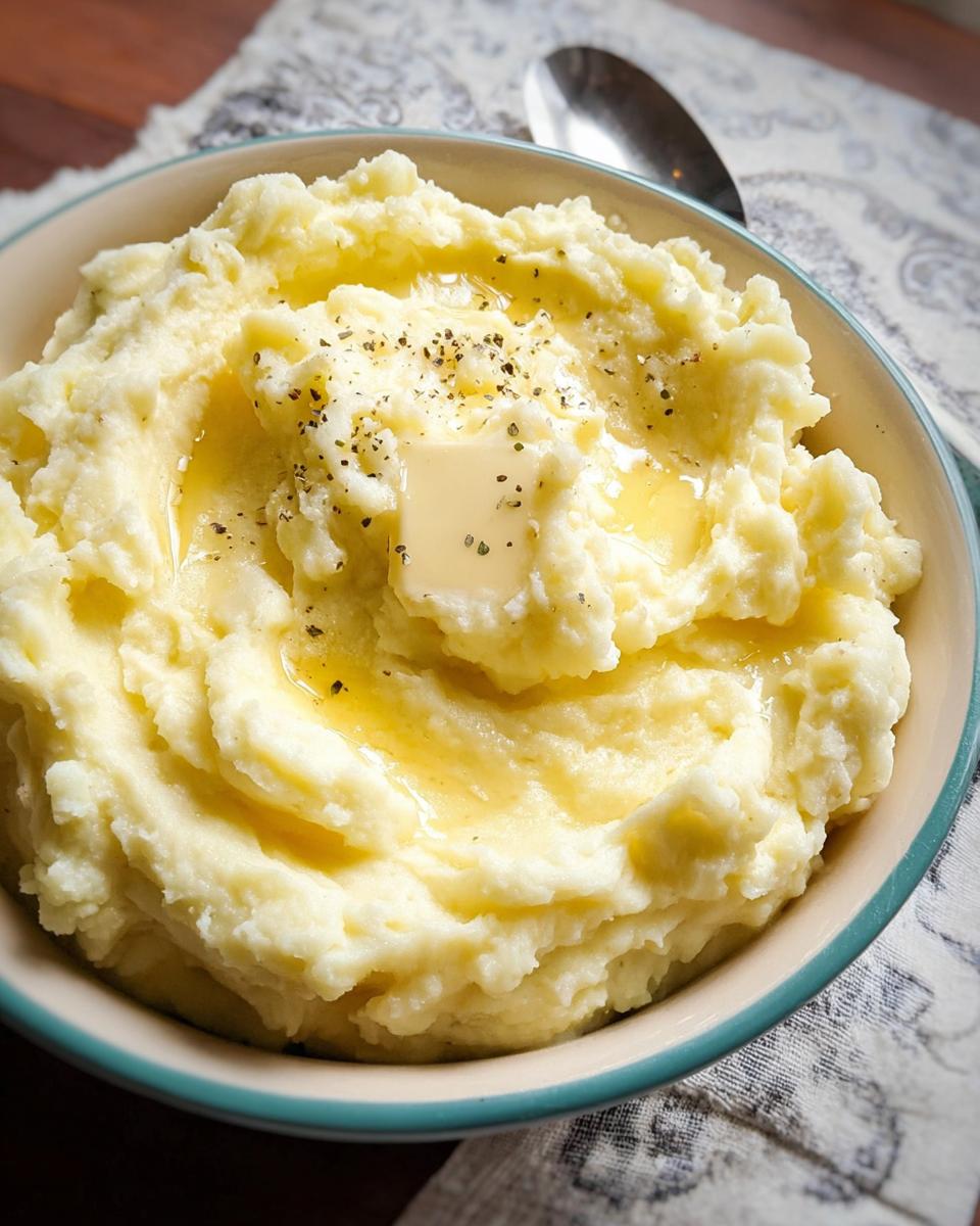 A close-up of a bowl of creamy mashed potatoes recipe, topped with melting butter and black pepper.