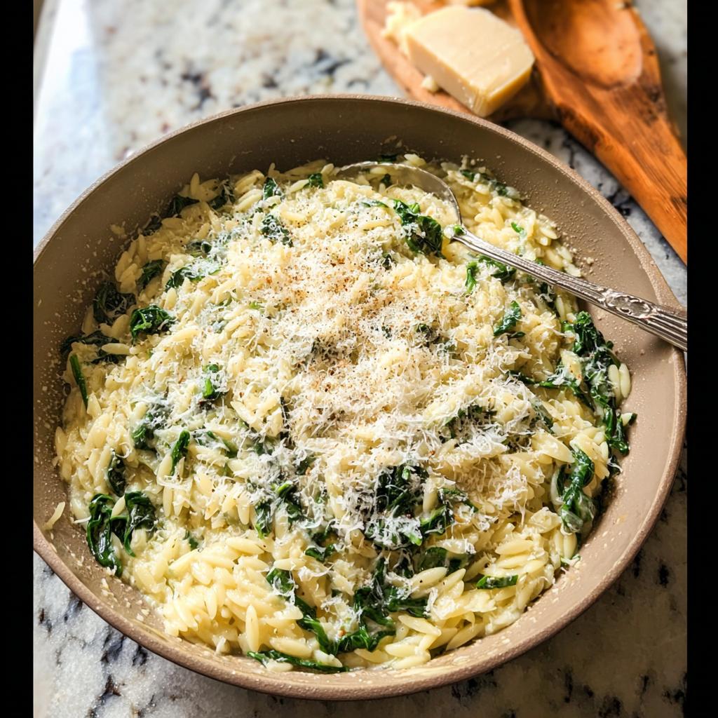 A bowl of creamy orzo pasta with wilted spinach, topped with grated Parmesan cheese. A perfect addition to your Veggie Sides Recipes.