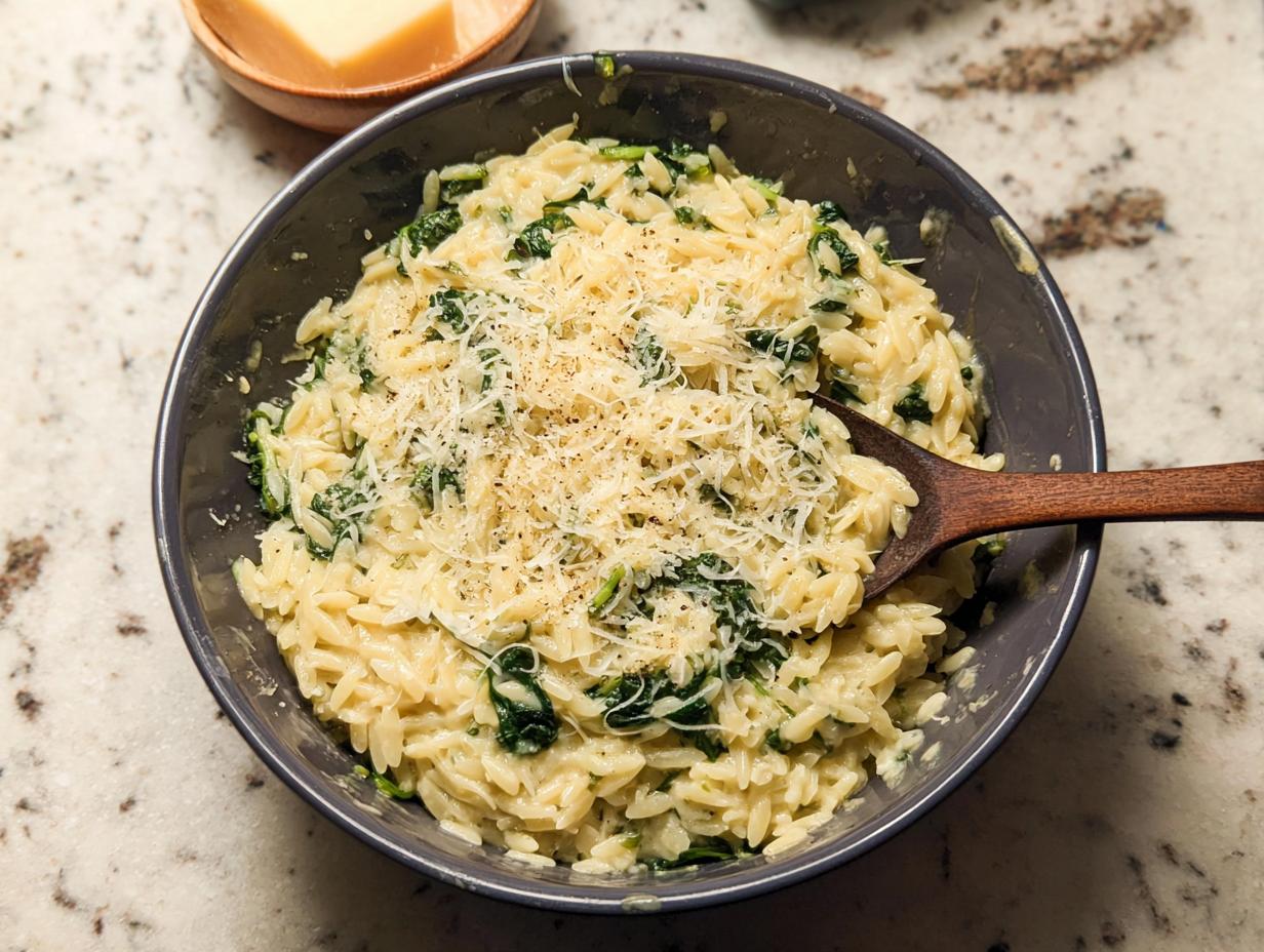 A close-up shot of creamy orzo with spinach, topped with grated Parmesan cheese, a perfect veggie sides recipe.