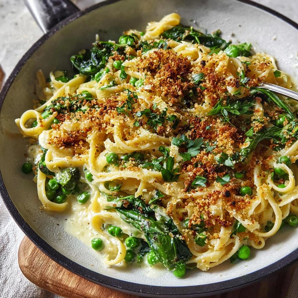Close-up of creamy pasta with peas, spinach, and toasted breadcrumbs, a perfect example of Healthy Meals Recipes.
