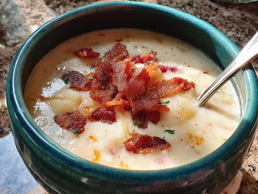 A close-up of a bowl of creamy potato soup topped with crispy bacon, part of the 12-Ingredient Soup Recipes collection.