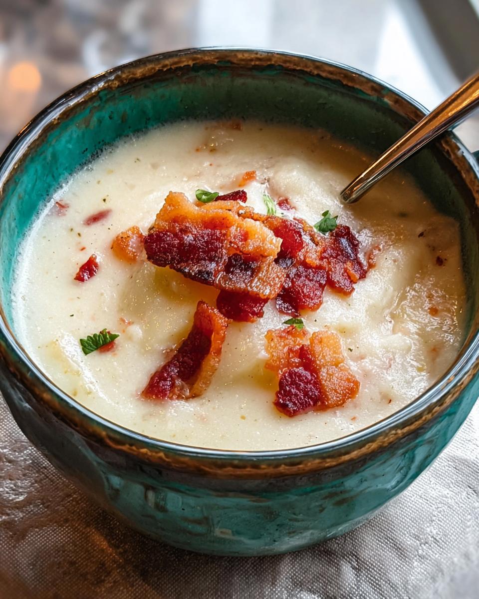 Close-up of a bowl of creamy potato soup topped with crispy bacon and garnished with parsley. Part of 12-Ingredient Soup Recipes.