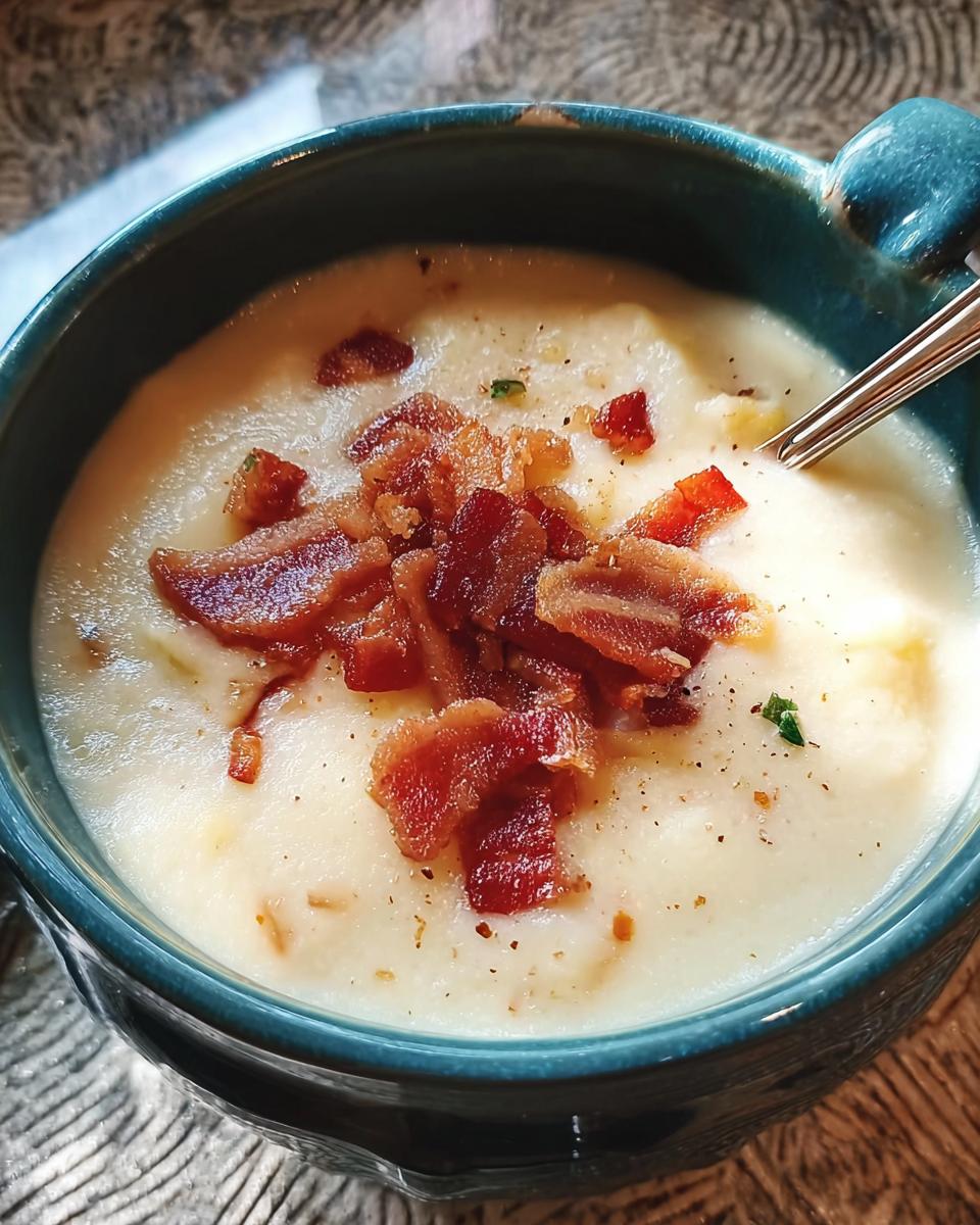 Close-up of a bowl of creamy potato soup topped with crispy bacon and a sprinkle of herbs, part of 12-Ingredient Soup Recipes.