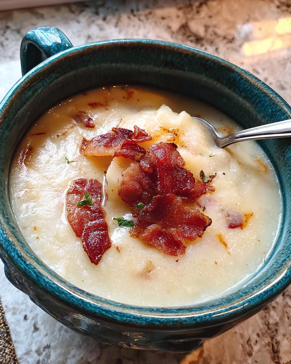 A bowl of creamy potato soup topped with crispy bacon, part of our 12-Ingredient Soup Recipes.