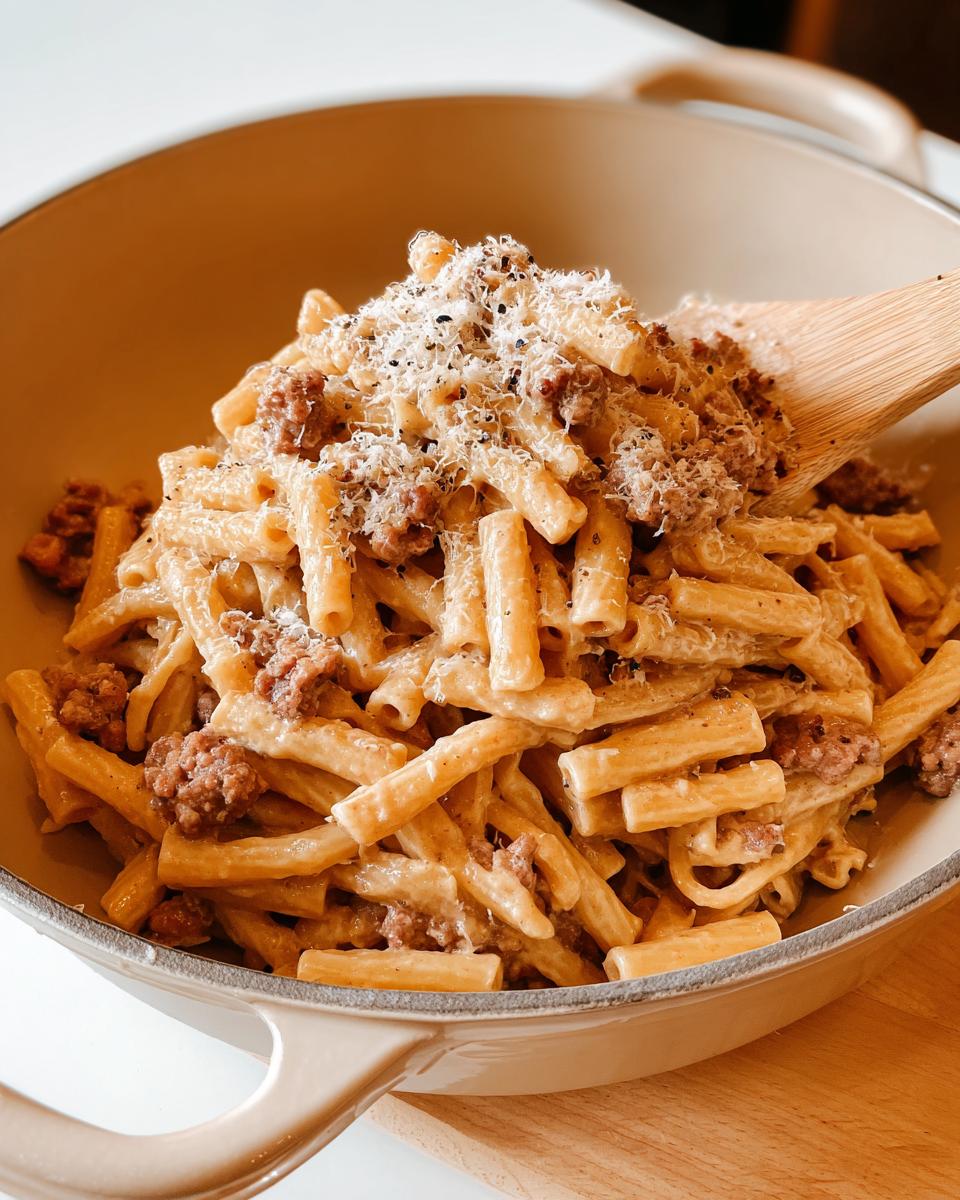 Close-up of creamy sausage pasta with grated cheese and black pepper, a perfect example of 20 Genius Pasta Recipes Ideas.
