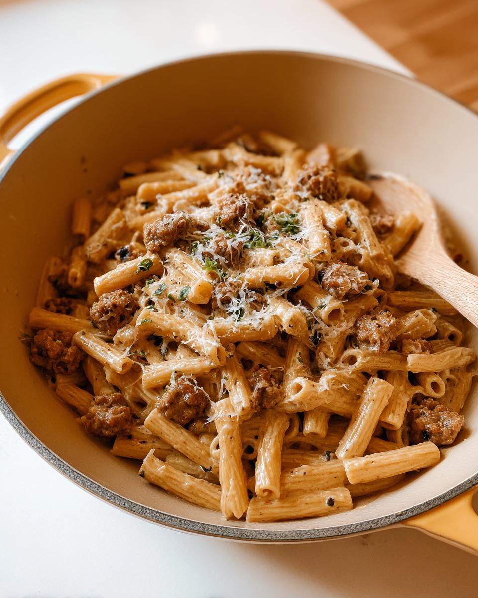 Close-up of creamy sausage pasta in a pot, topped with grated cheese and herbs. Perfect for busy weeknights.