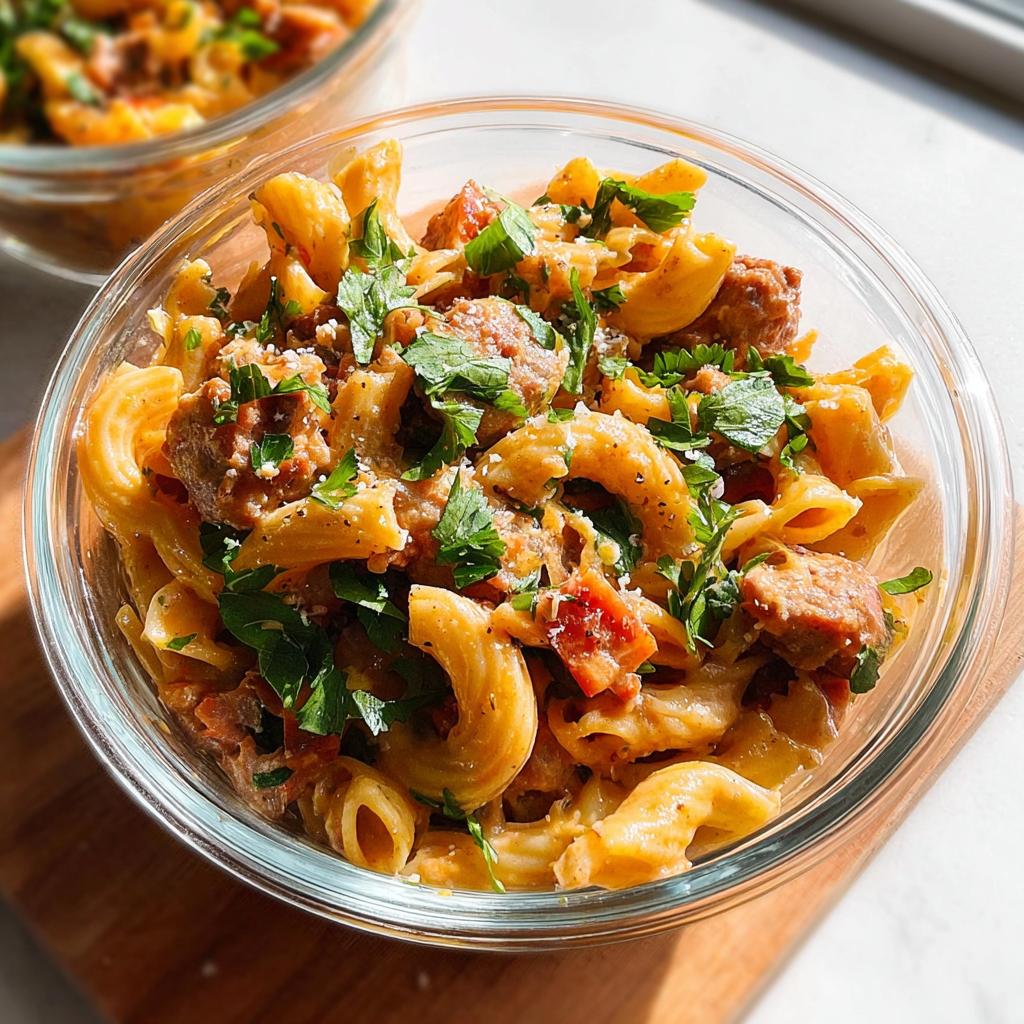 Close-up of a glass bowl filled with creamy sausage pasta, garnished with fresh parsley, perfect for pasta recipes meal prep.