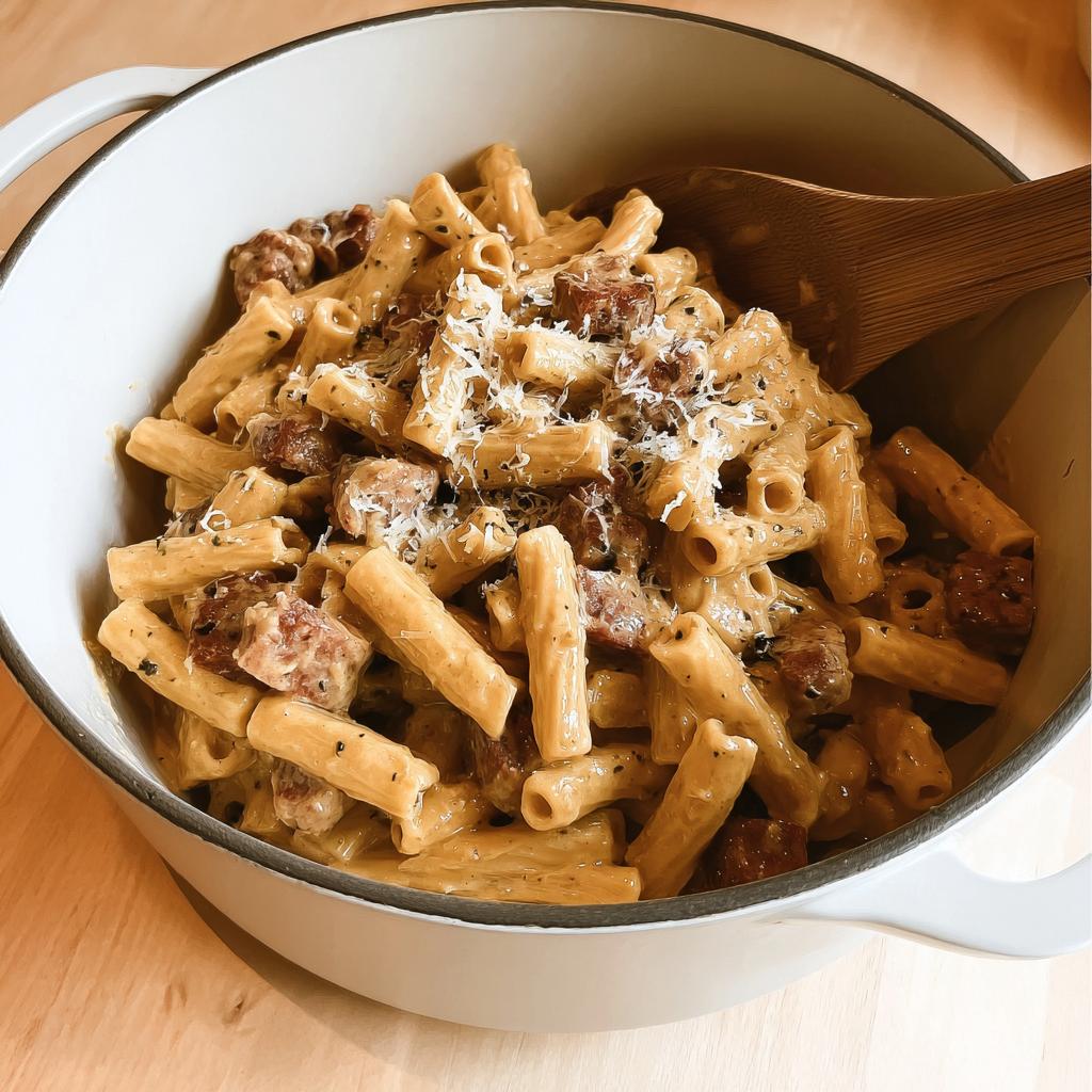 Close-up of creamy sausage pasta in a pot, a perfect weeknight meal from our 20 Genius Pasta Recipes Ideas.