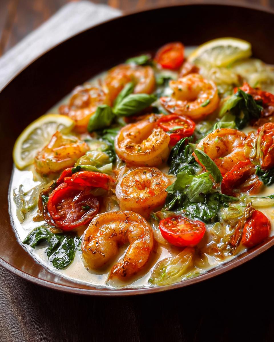 Close-up of a creamy shrimp recipe with cherry tomatoes, basil, and lemon slices in a brown bowl.
