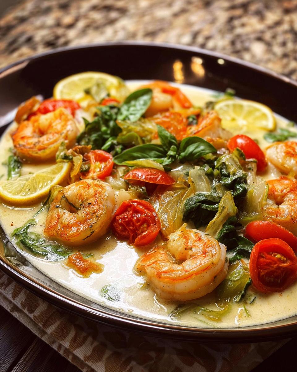 Close-up of a creamy shrimp recipe with cherry tomatoes, wilted greens, and lemon slices.