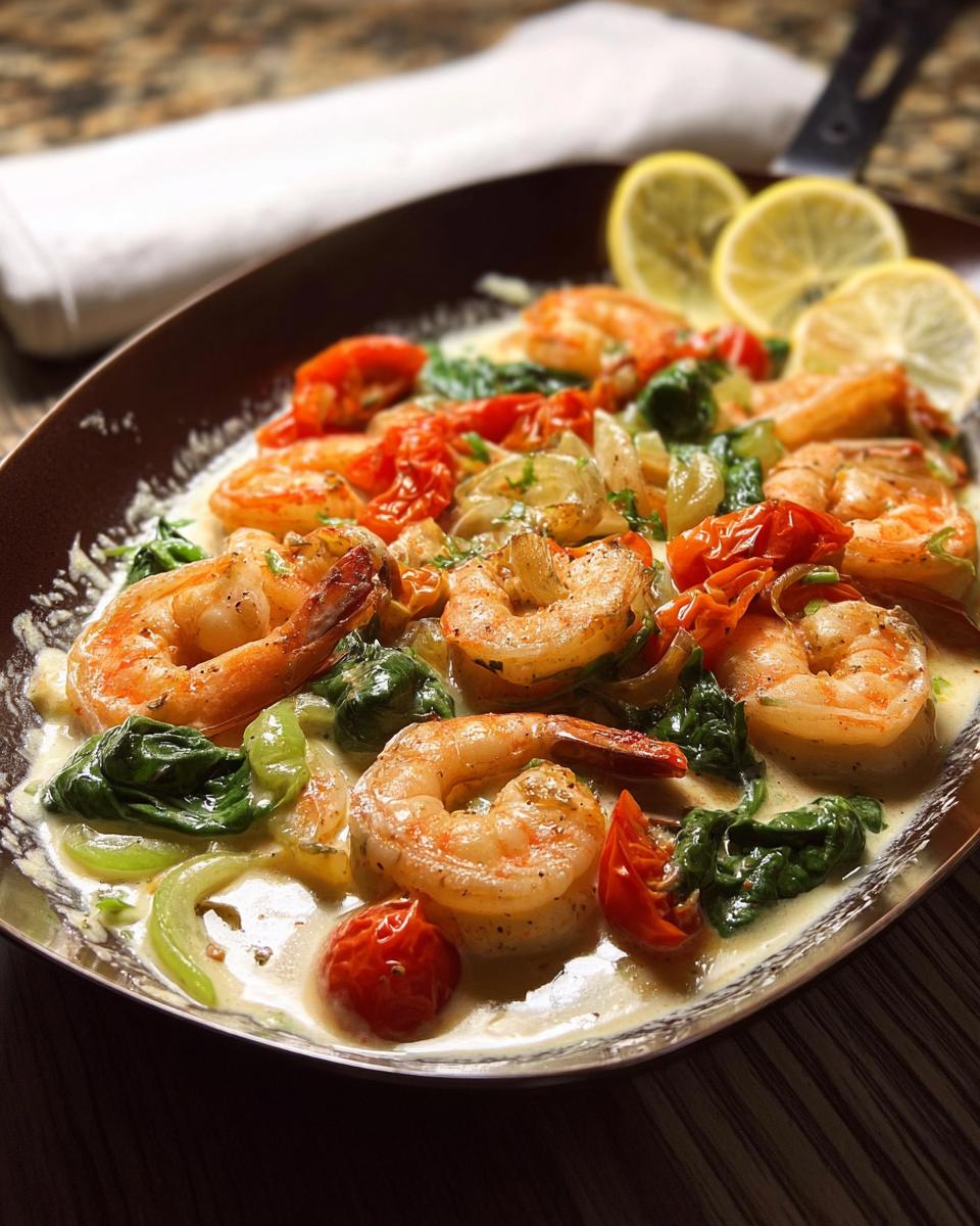 Close-up of a creamy shrimp recipe with cherry tomatoes, spinach, and lemon slices in a skillet.