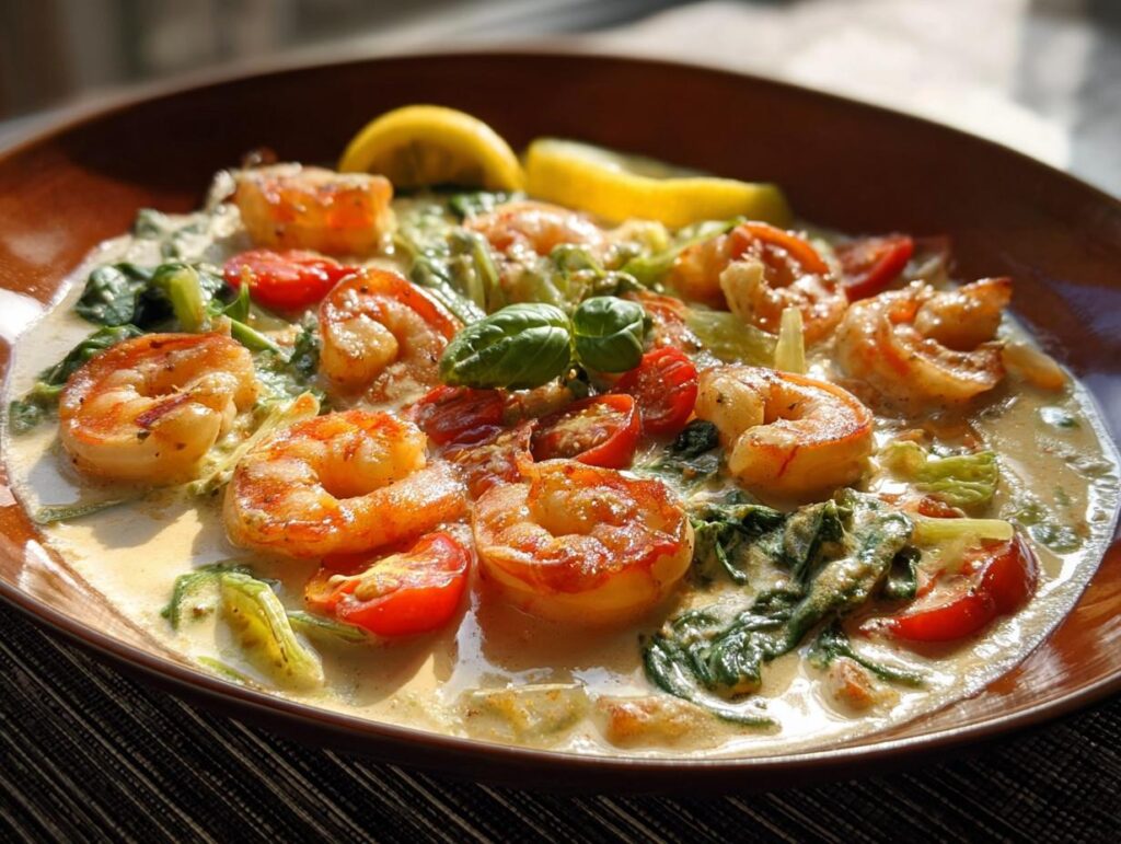 A close-up of a creamy shrimp recipe, featuring plump shrimp, cherry tomatoes, spinach, and lemon wedges.